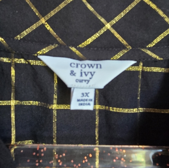 Crown & Ivy, Black & Metallic Gold Plaid Ruffle Neck Popover Shirt, Size 3X - Picture 5 of 9